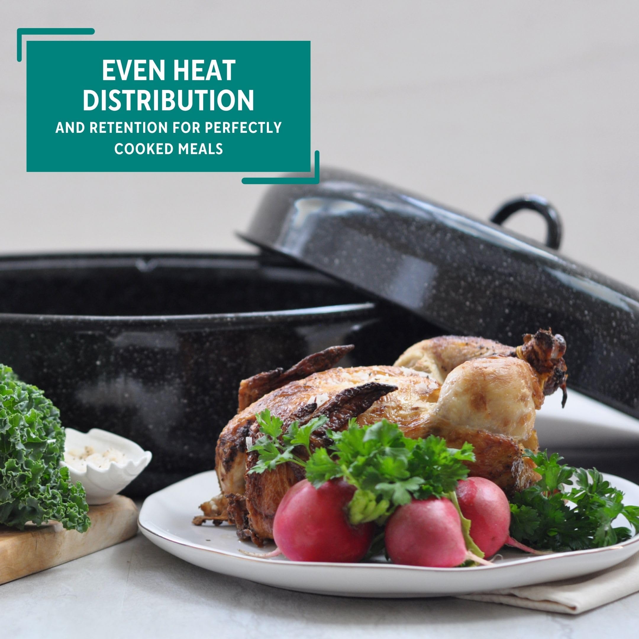 Mirro roaster in kitchen with roasted turkey, illustrating holiday hosting benefit