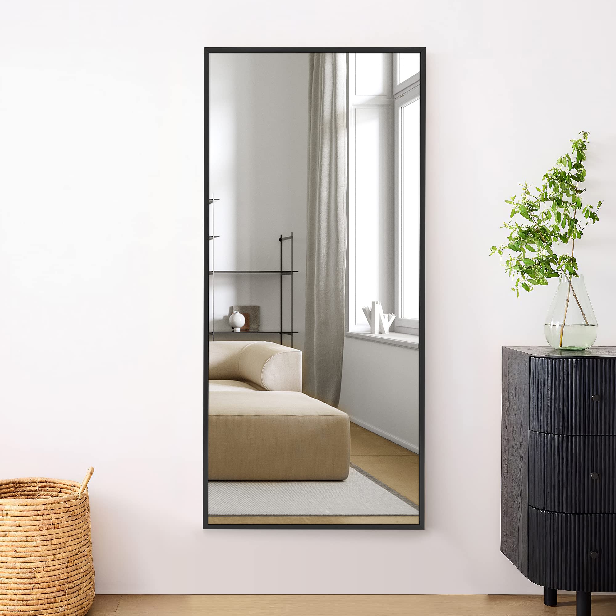 MIRUO front view black frame full-length mirror shows clear reflection and style