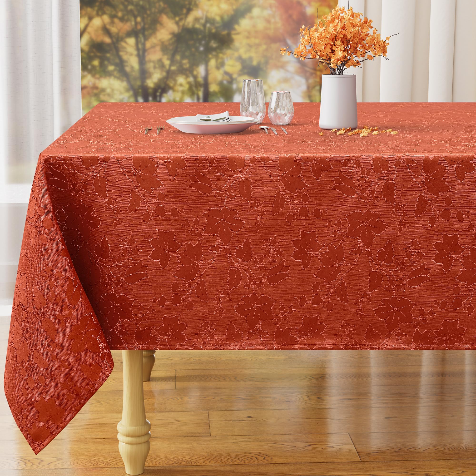 misaya front view on table showcasing rust maple-leaf pattern and elegant drape