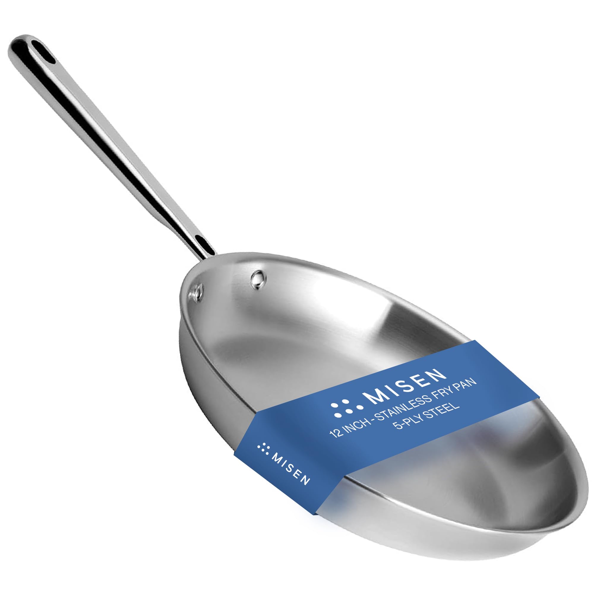 Misen 12-inch frying pan front view showing full cooking area and polished finish benefit: clear workspace