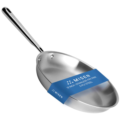 Misen 12-inch frying pan front view showing full cooking area and polished finish benefit: clear workspace