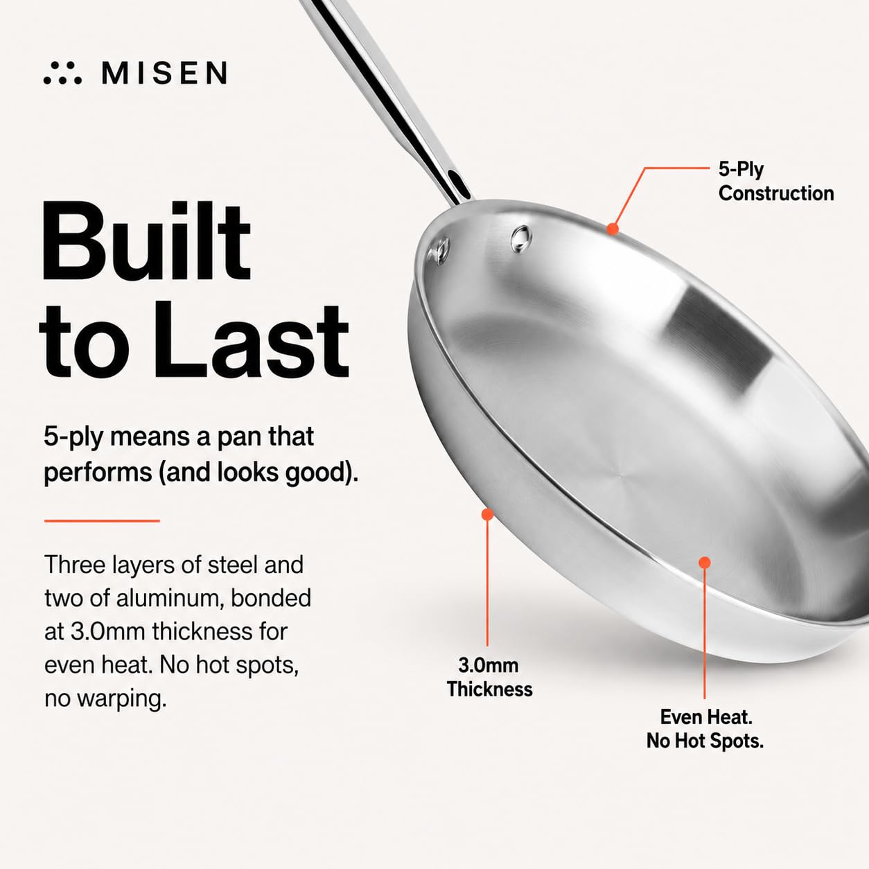 Misen handle close-up on Misen pan showing ergonomic grip benefit: comfortable control