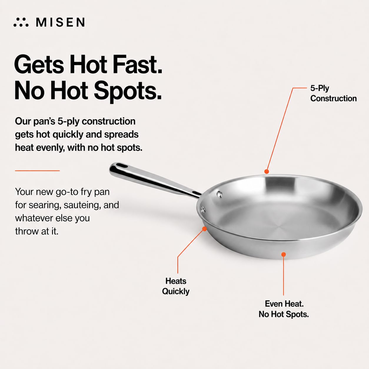 Misen frying pan inside oven at high heat showing browning benefit: oven-safe to 800°F