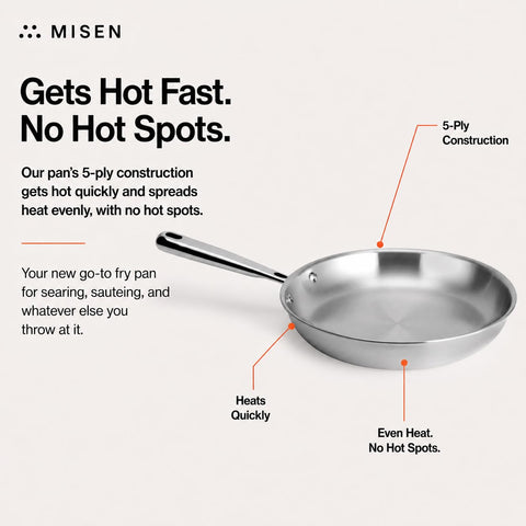 Misen frying pan inside oven at high heat showing browning benefit: oven-safe to 800°F