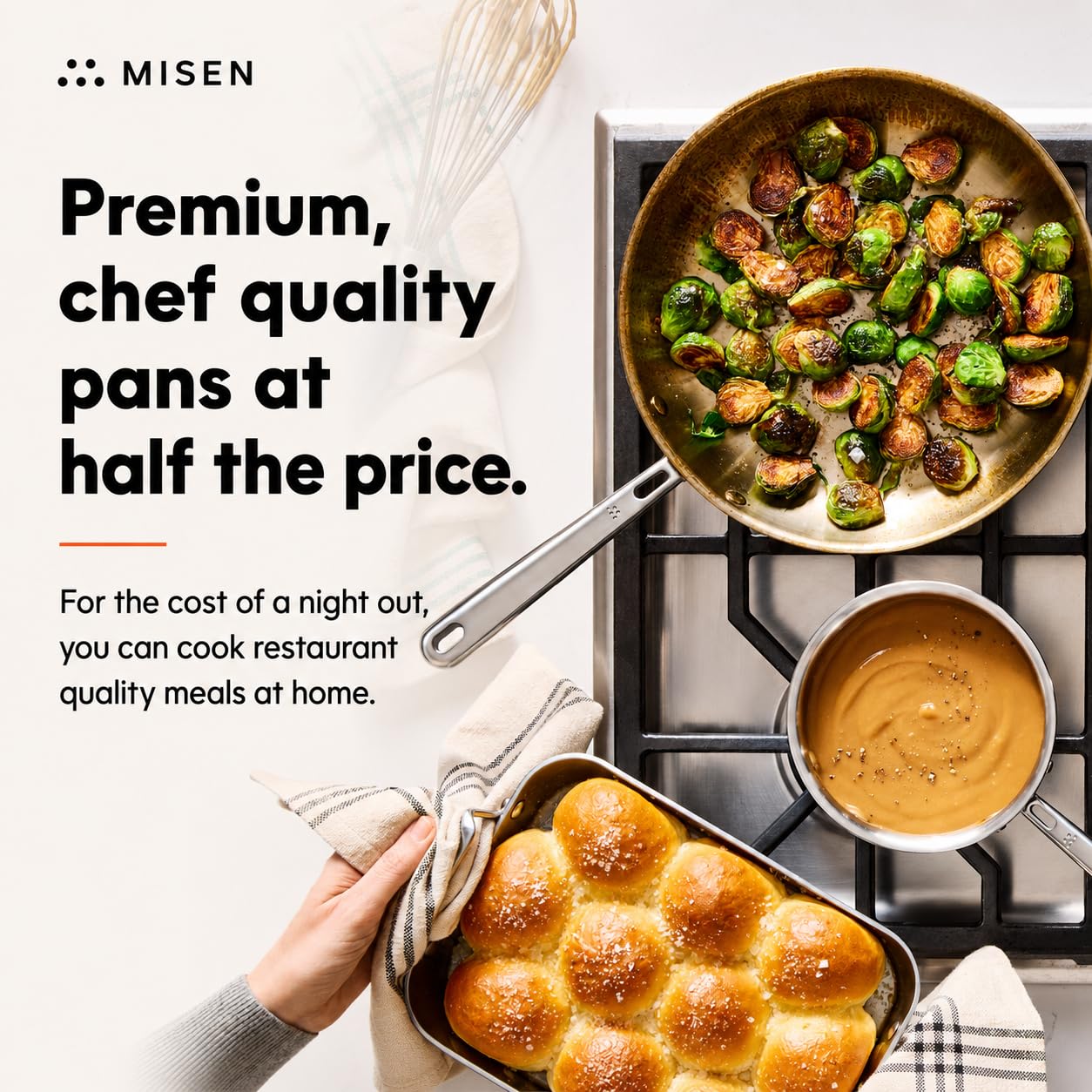 Misen 12-inch frying pan side profile highlighting sloped sides benefit: easy stirring and flipping