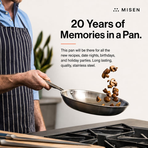 Top-down view of Misen pan showing extra-wide cooking surface benefit: cook larger batches