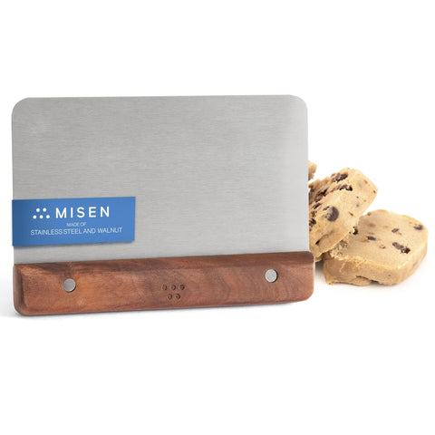 Misen bench scraper front view showing walnut handle and stainless blade, durable performance