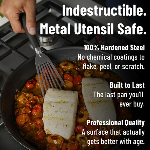 Misen skillet searing a steak to show high-heat performance and fast browning
