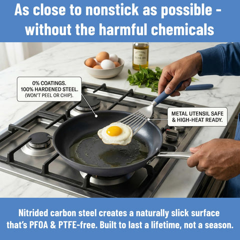 Misen product packaging and label showing brand, specs, and nitrided carbon steel claim
