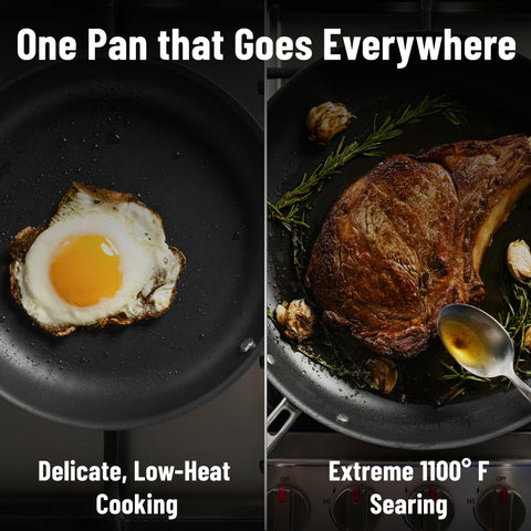 Side profile of Misen skillet and ergonomic handle for safe stove-to-oven transfers