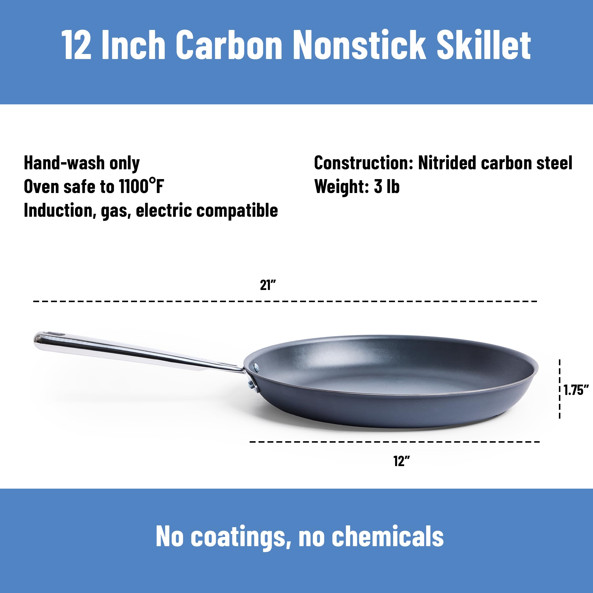 Misen beside a ruler for scale to communicate 12-inch cooking surface dimensions