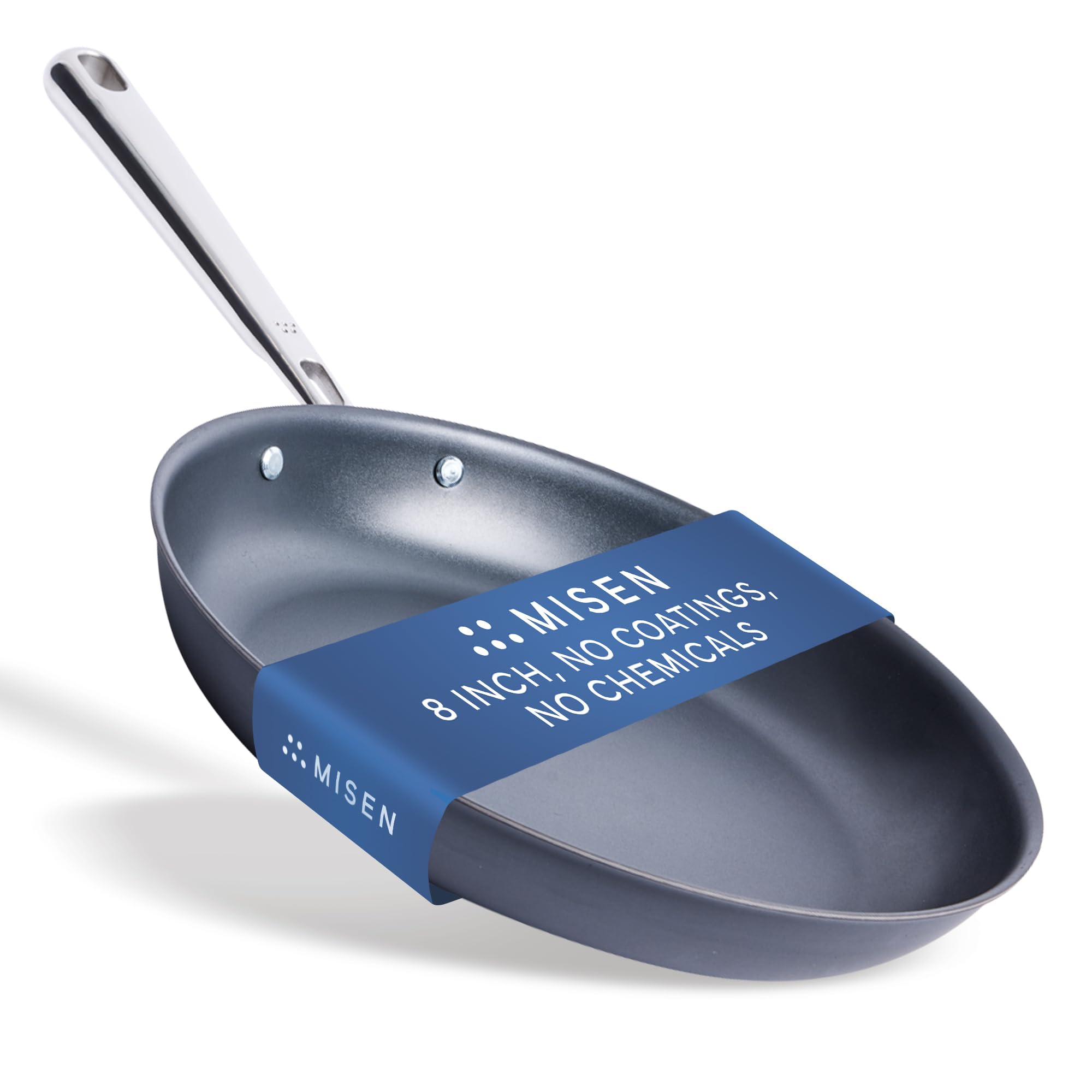 Misen skillet front view showing sleek carbon steel finish and sturdy handle for dependable cooking