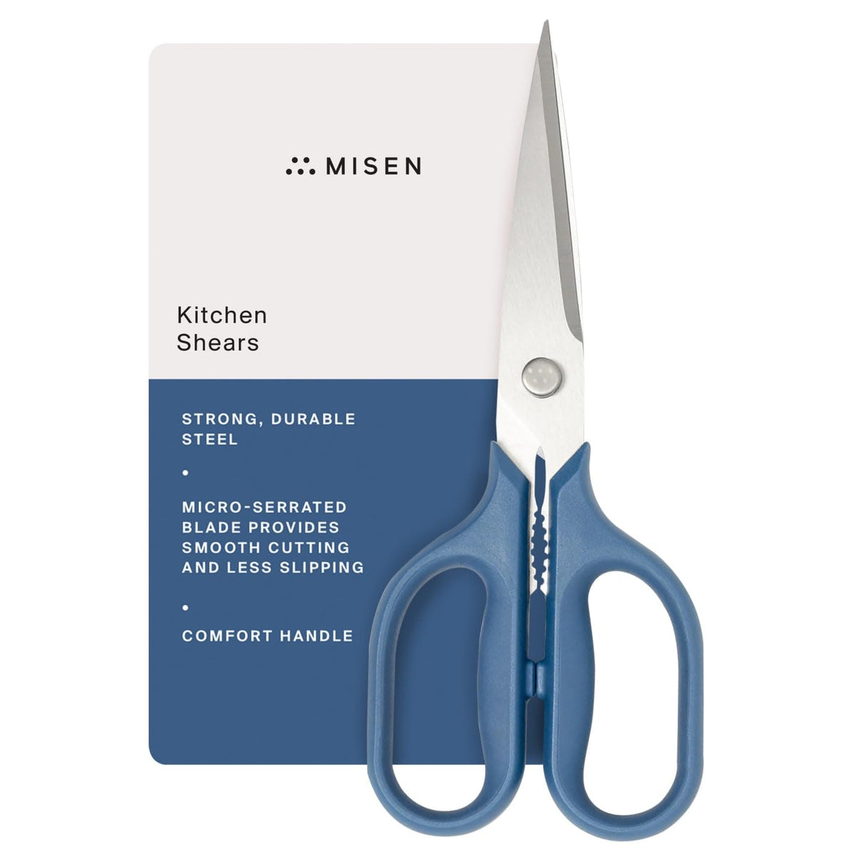 Misen front view of blue shears showing professional look and durable build for reliable cutting