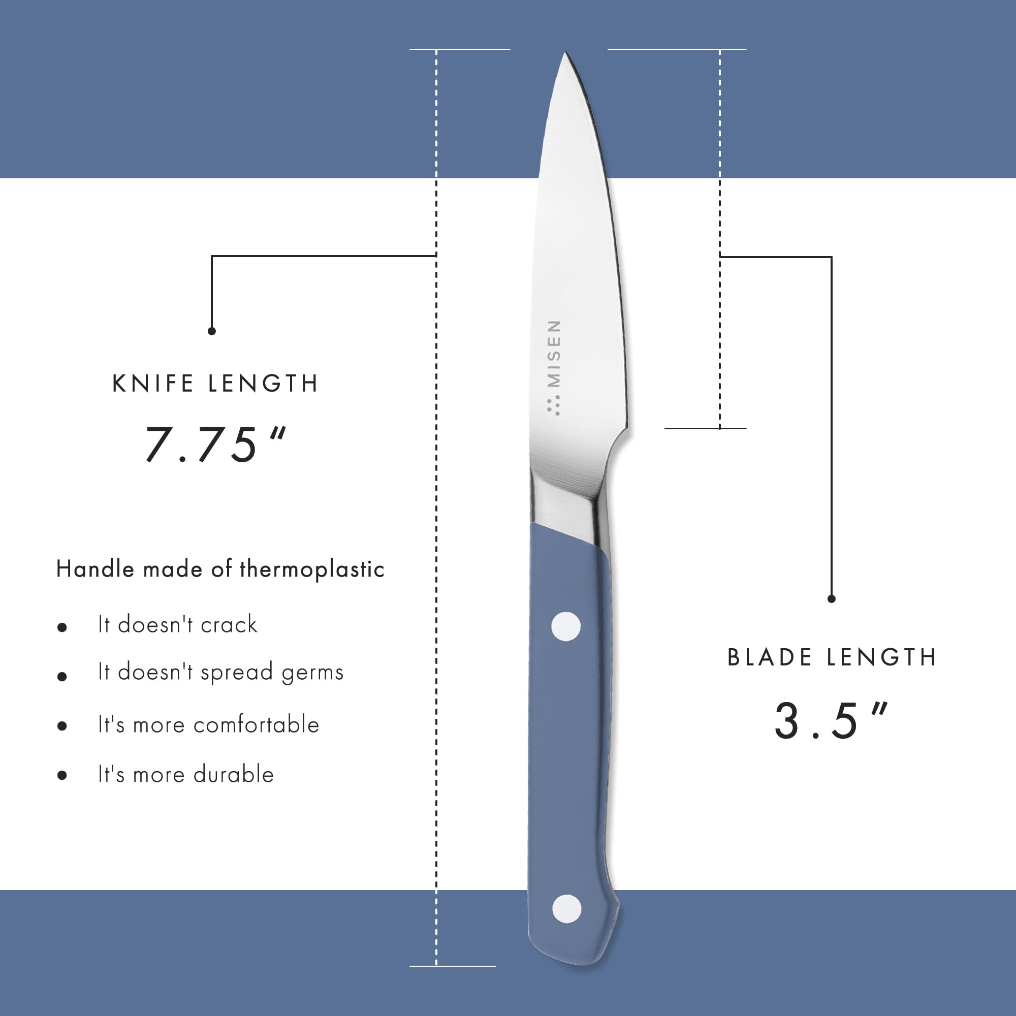 Misen paring knife next to apple showing size and lightweight advantage