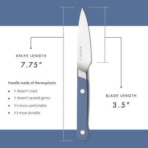 Misen paring knife next to apple showing size and lightweight advantage