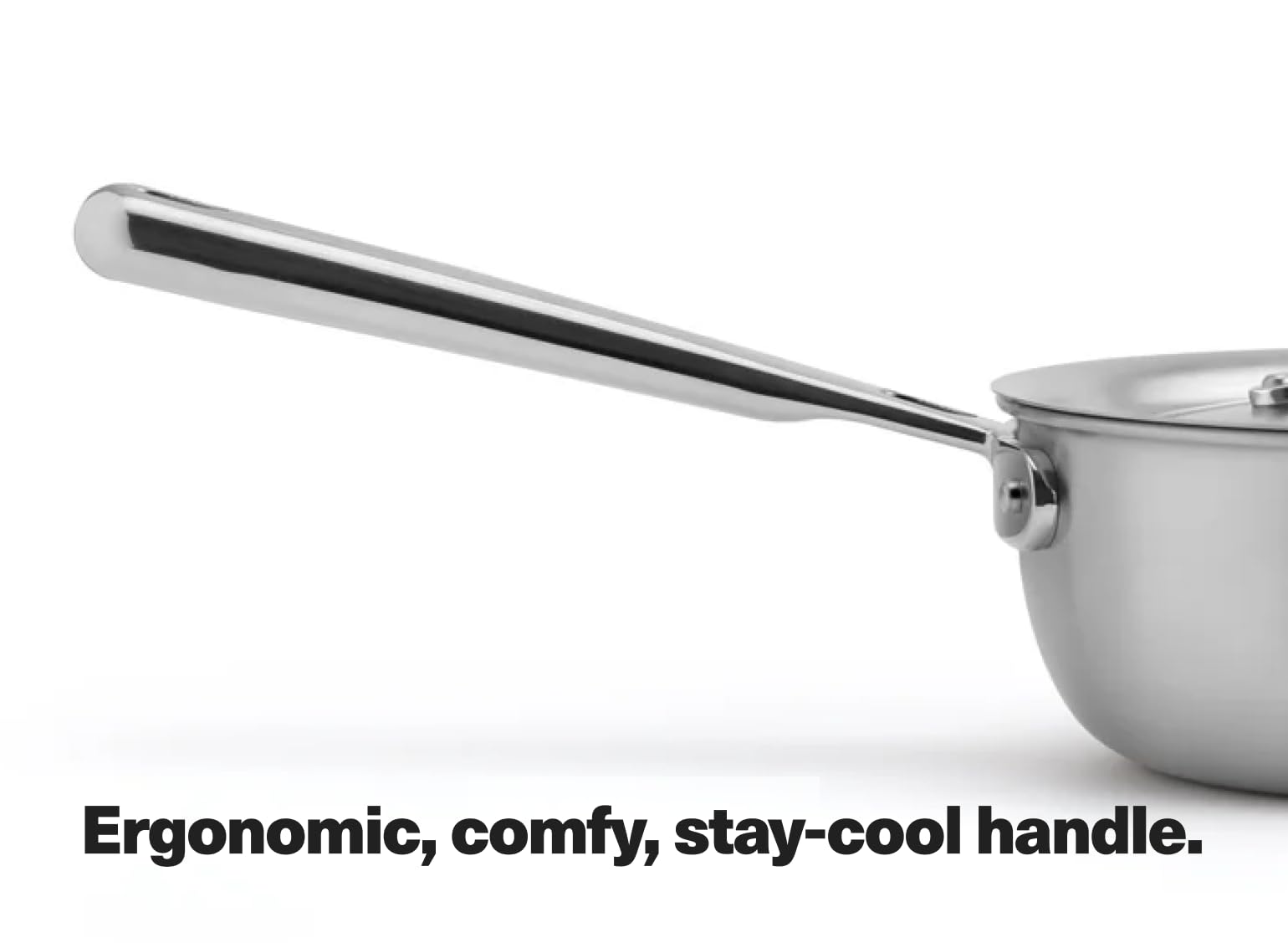 Misen saucier riveted handle close-up for durable lifetime construction benefit