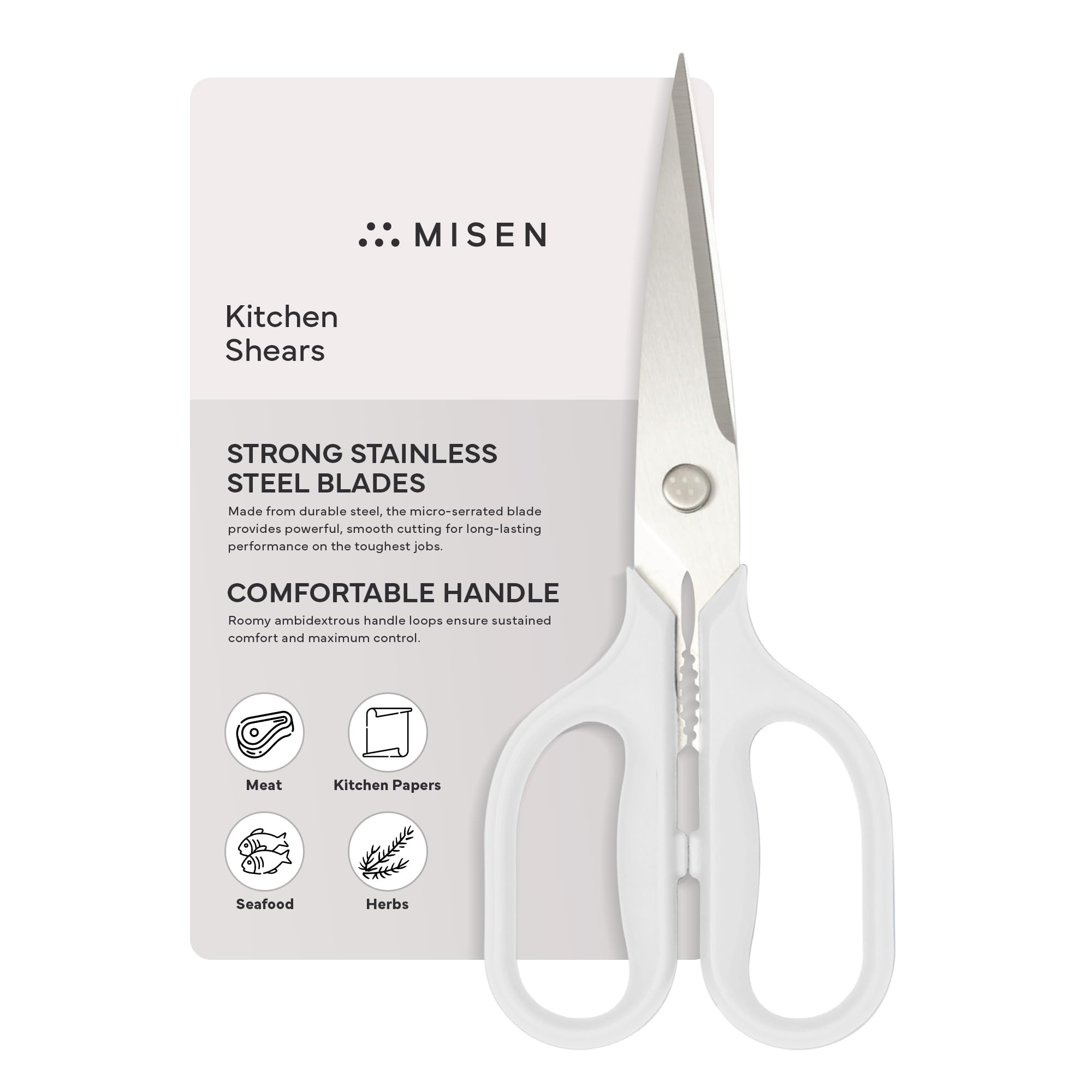 Misen shears front view showing white handle and durable blades for versatile cutting