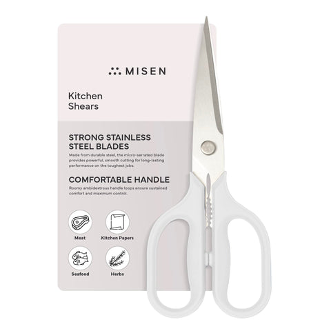 Misen shears front view showing white handle and durable blades for versatile cutting