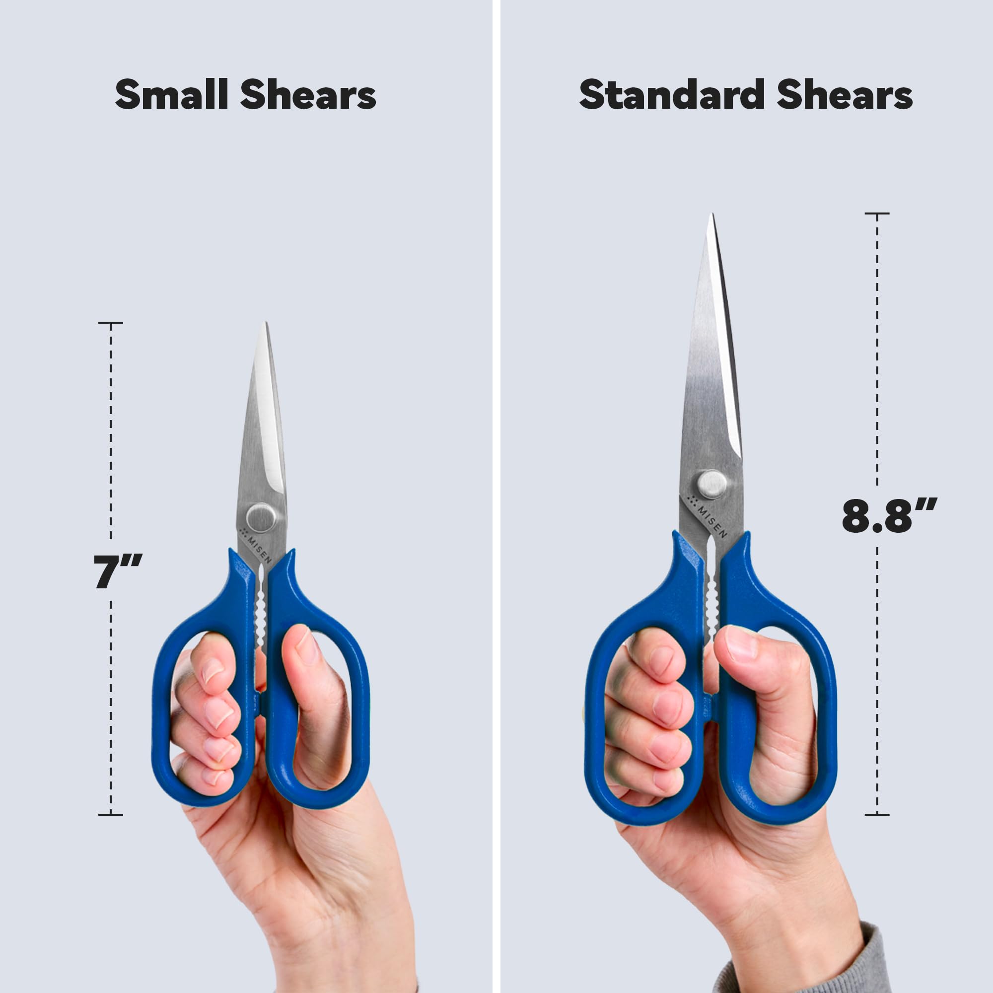 Misen shears next to a chef knife to show size and scale for versatile kitchen use