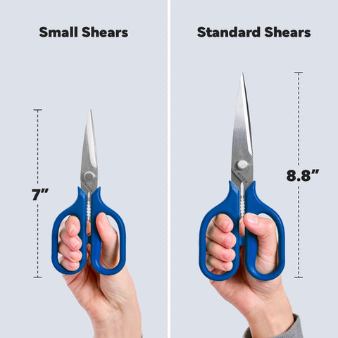 Misen shears next to a chef knife to show size and scale for versatile kitchen use