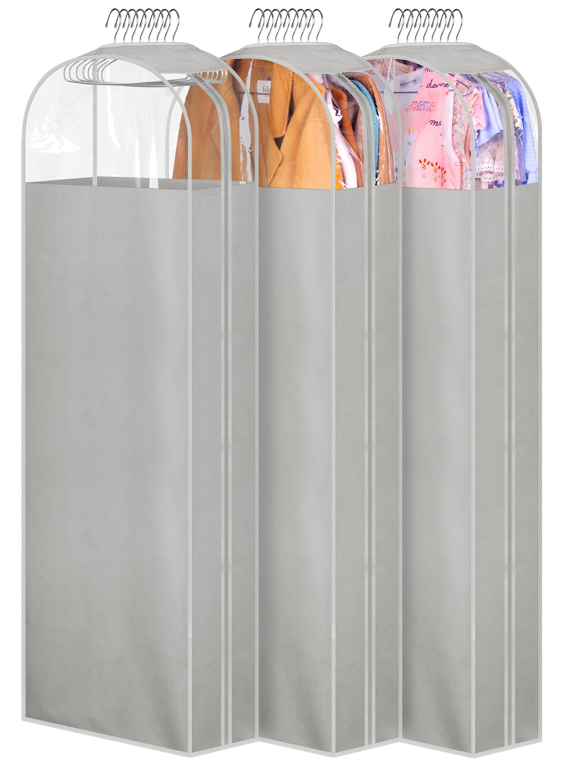 MISSLO front view of three grey garment bags showing neat organized storage benefit