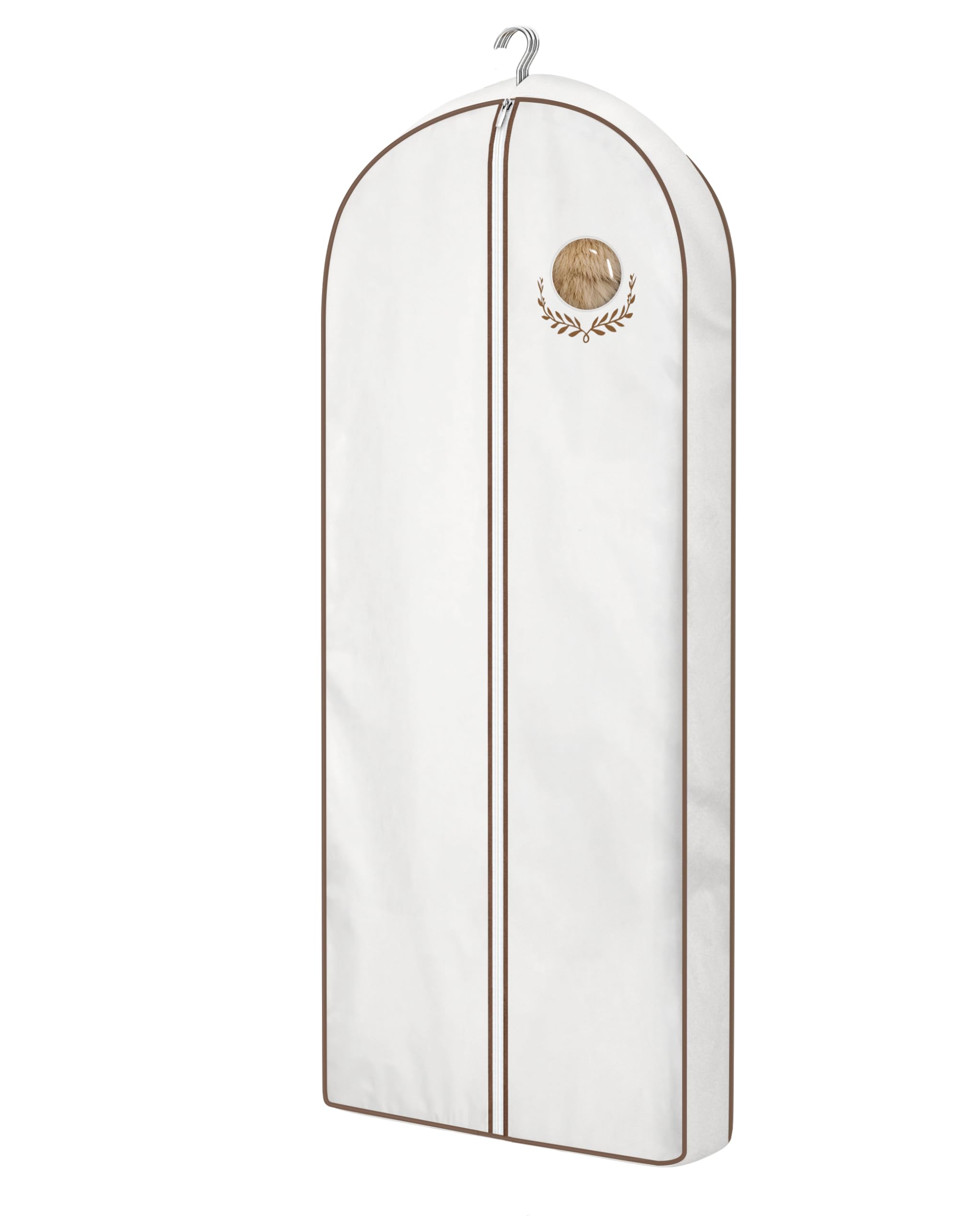 MISSLO front view of full 60-inch garment bag showing clean white finish and brown stitching for neat storage