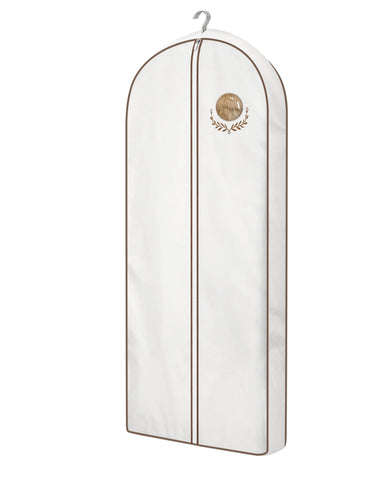 MISSLO front view of full 60-inch garment bag showing clean white finish and brown stitching for neat storage