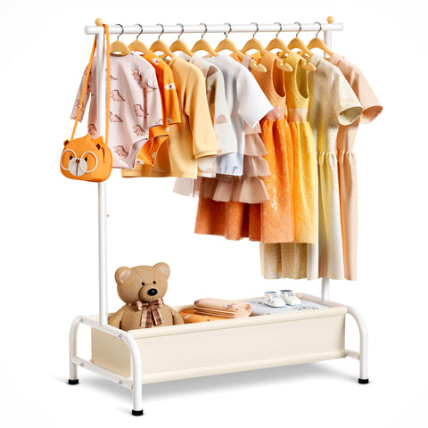 MISSLO front view of white kids clothing rack showing accessible height and neat display