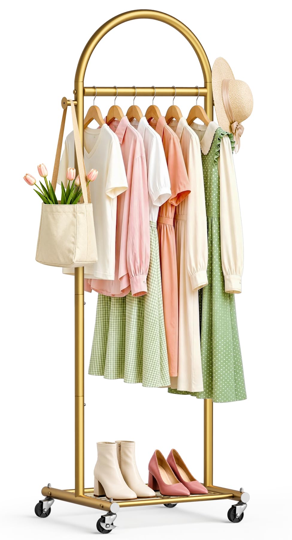 MISSLO front view of gold arched clothing rack showcasing neat hanging display and style benefit