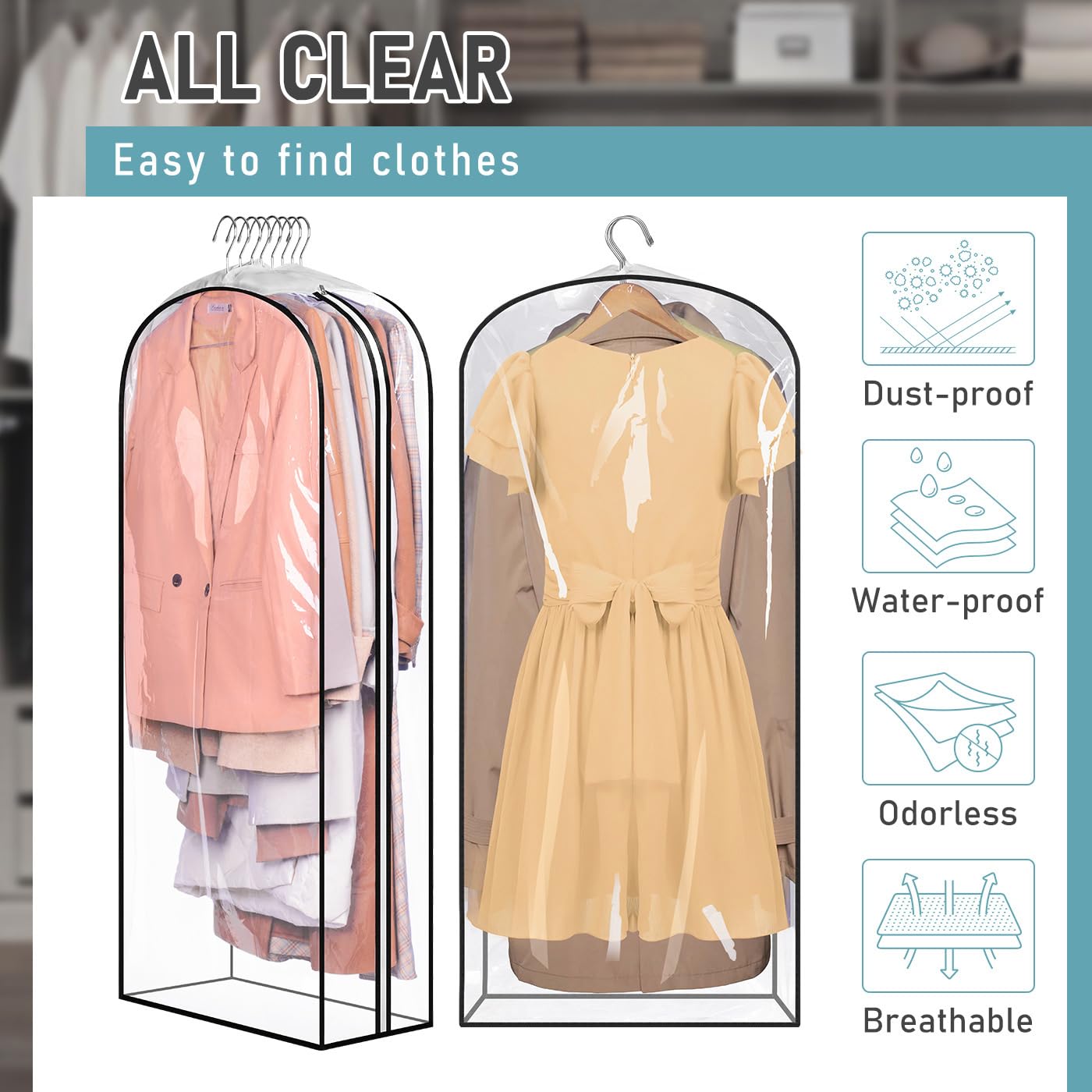 MISSLO garment bags hung in closet for quick outfit identification benefit