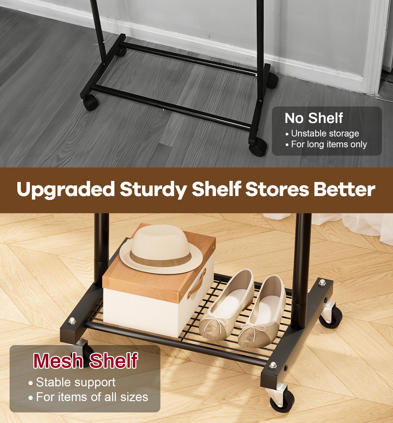 MISSLO garment rack in a bedroom scene showing extra hanging space and practical styling