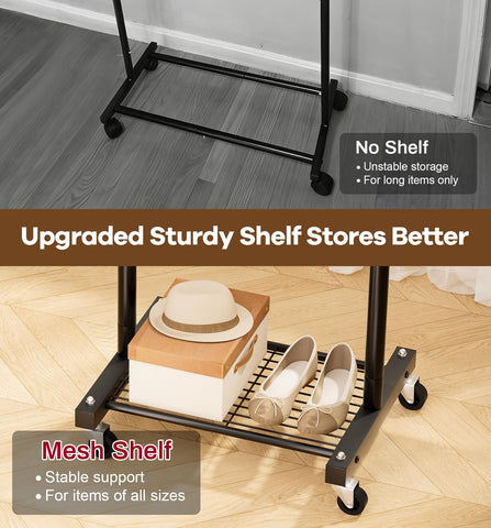 MISSLO garment rack in a bedroom scene showing extra hanging space and practical styling