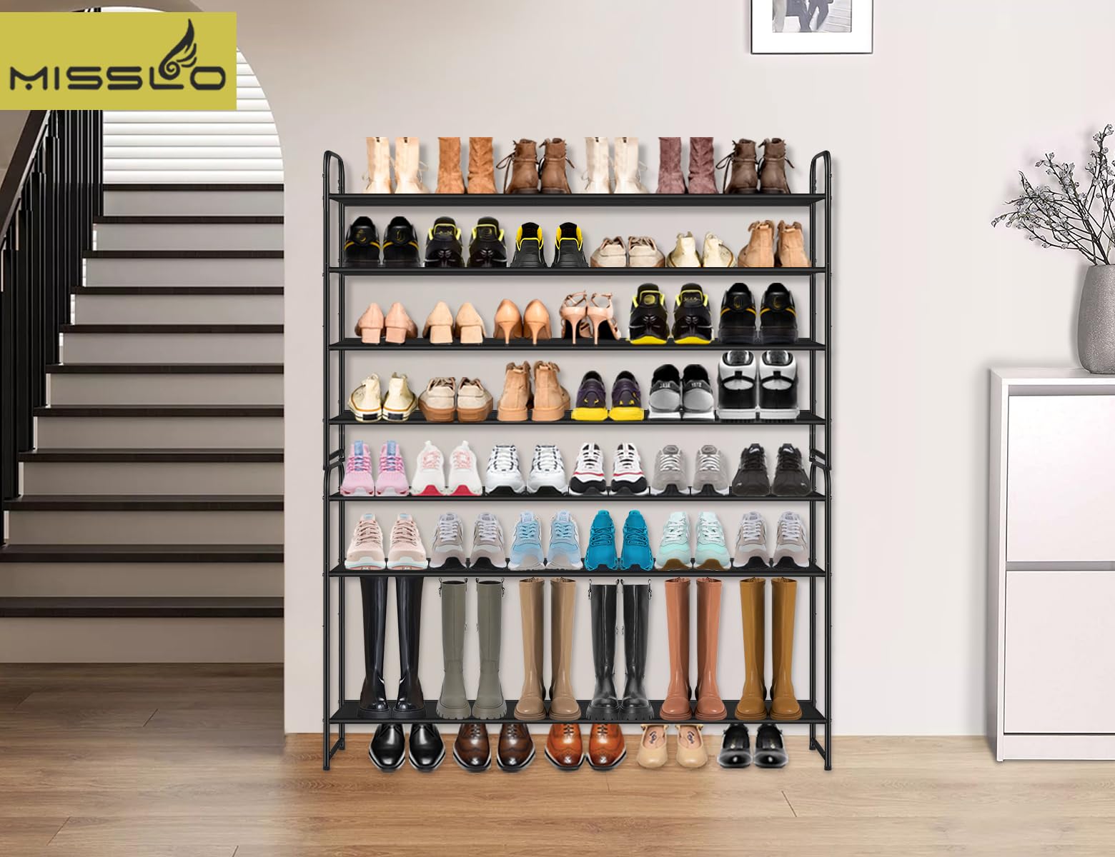 MISSLO in an entryway lifestyle scene organizing family footwear neatly