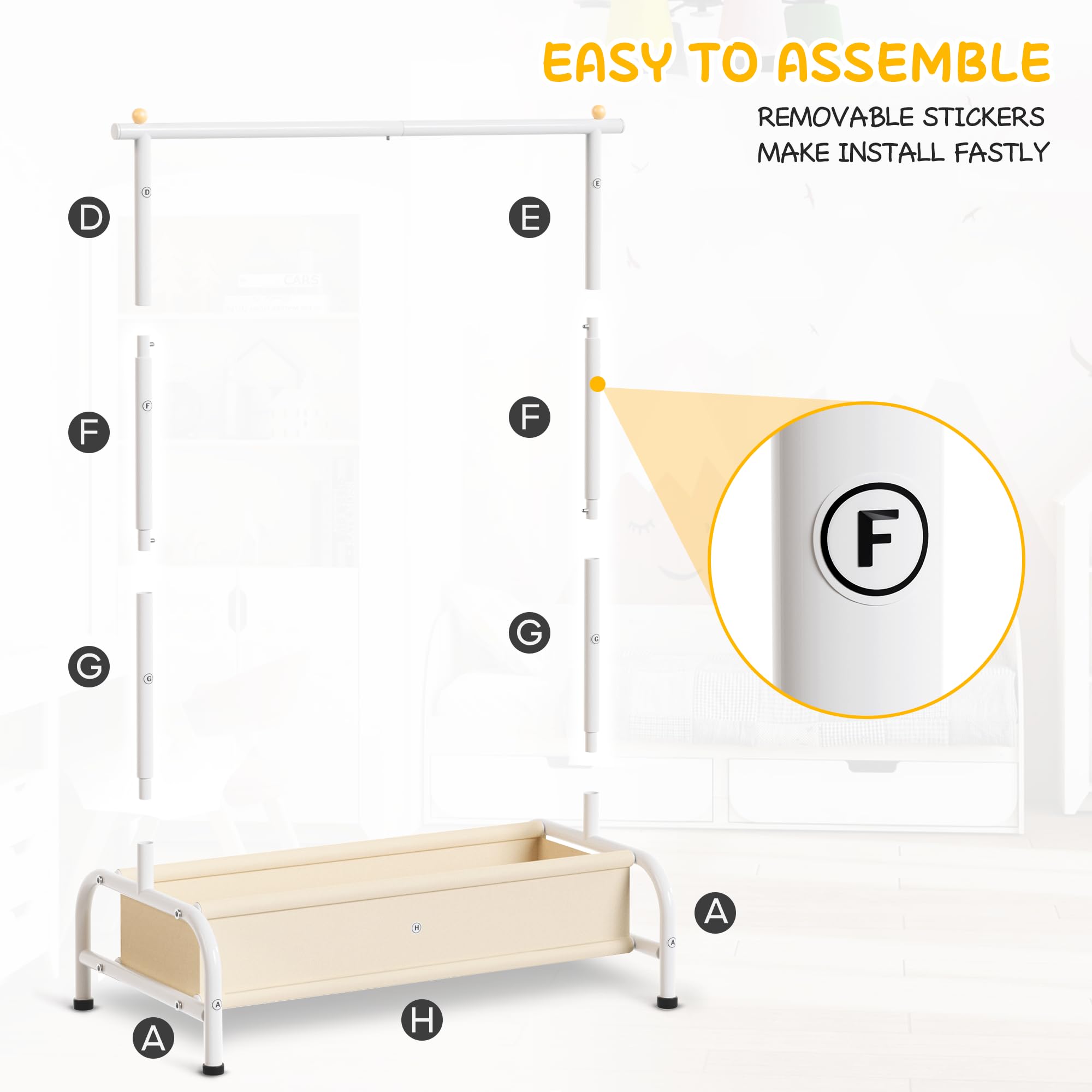 MISSLO child reaching hanger on rack illustrating independent dressing encouragement