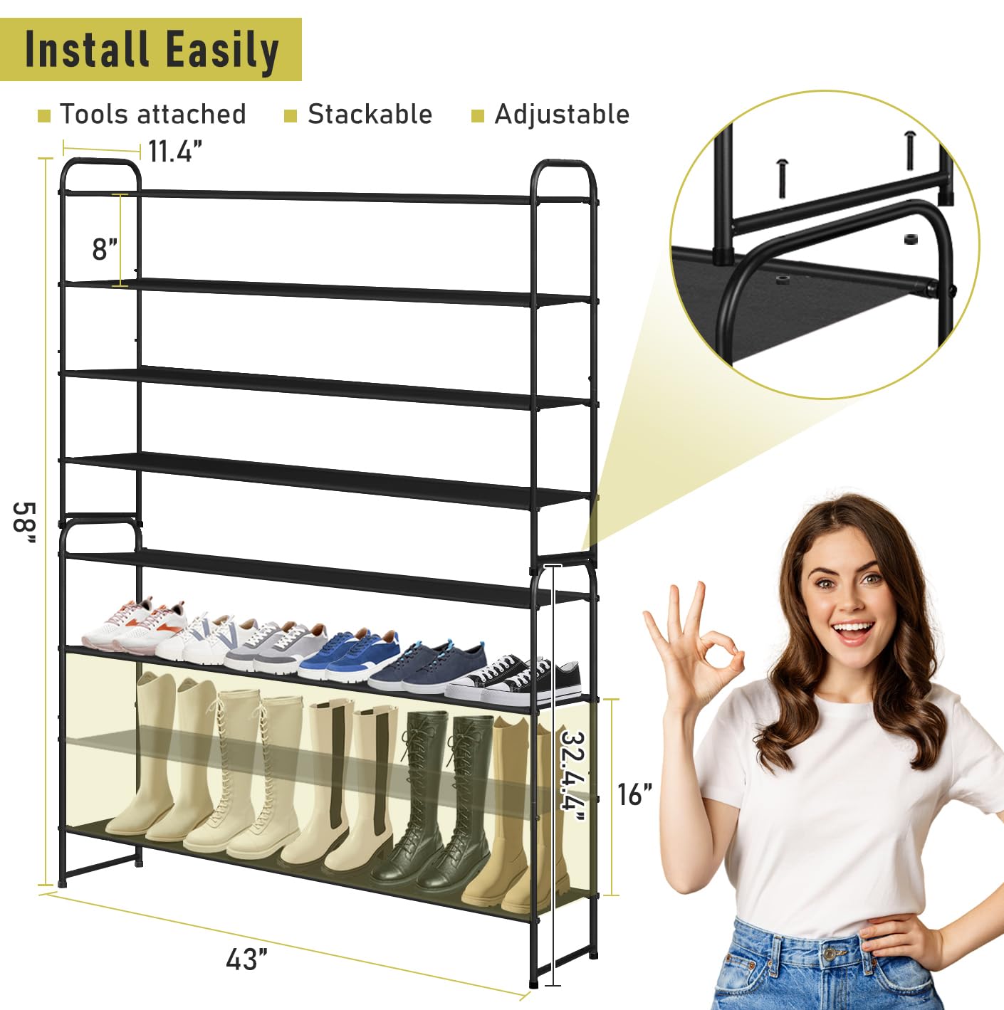 MISSLO with tall boots demonstrating 8-inch shelf clearance for heels