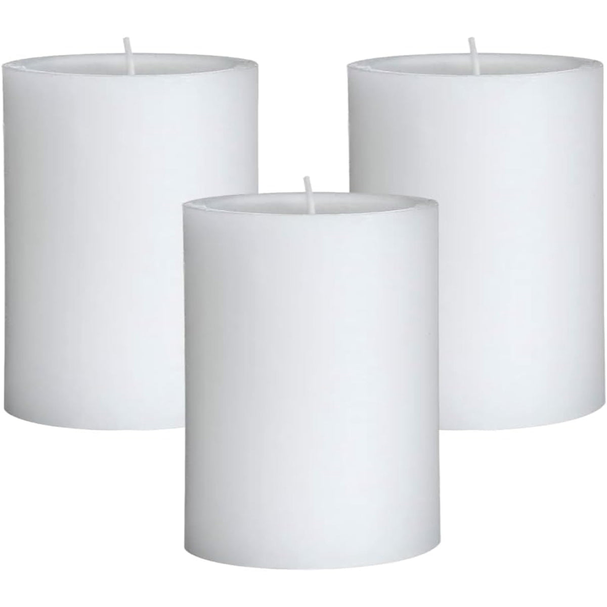 Mister Candle front view of three-pack showcasing clean white design and elegance