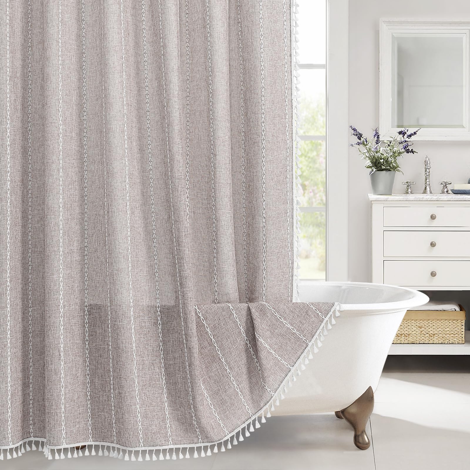 MitoVilla front view of grey boho farmhouse curtain showing tassels and stripes, enhances bathroom style
