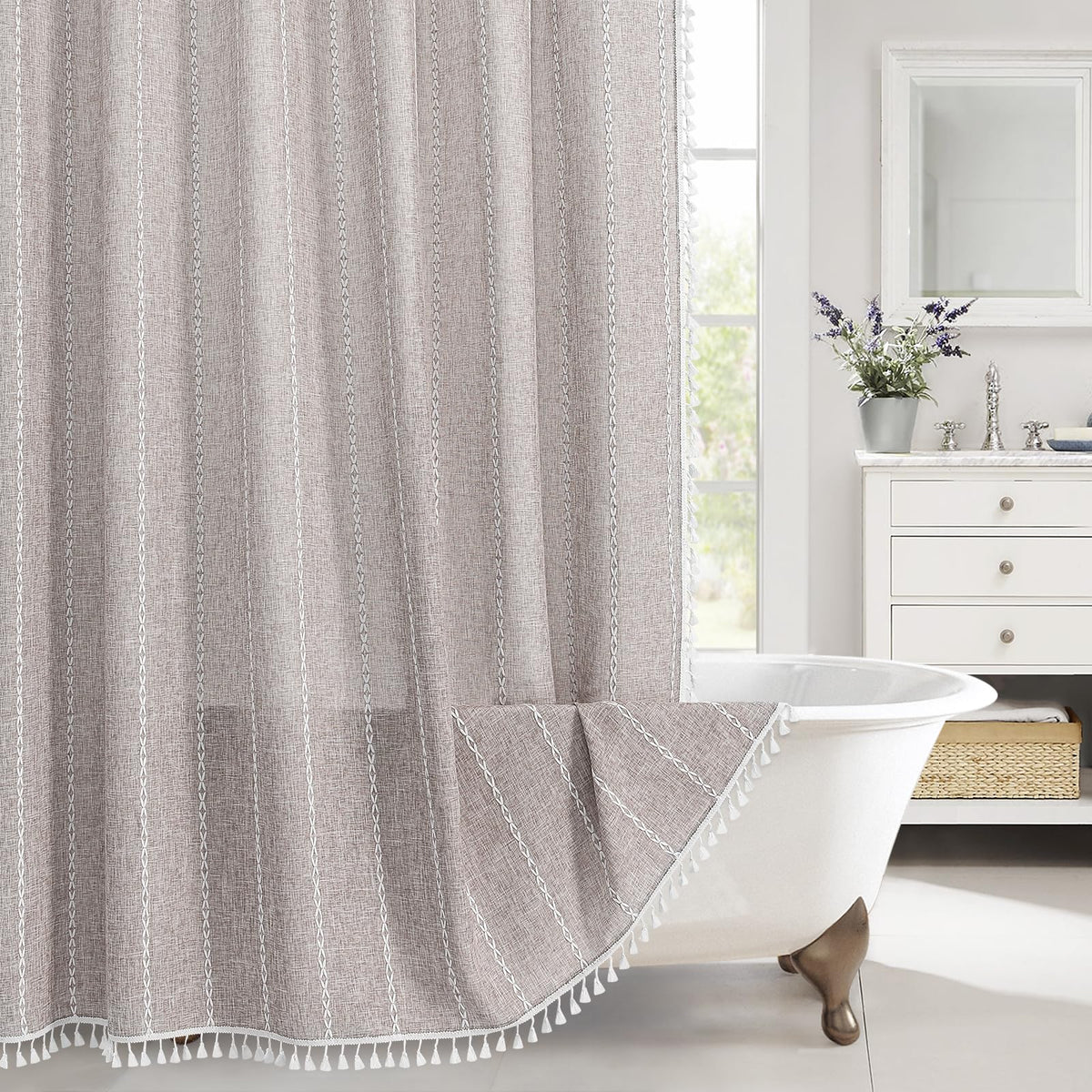 MitoVilla front view of grey boho farmhouse curtain showing tassels and stripes, enhances bathroom style