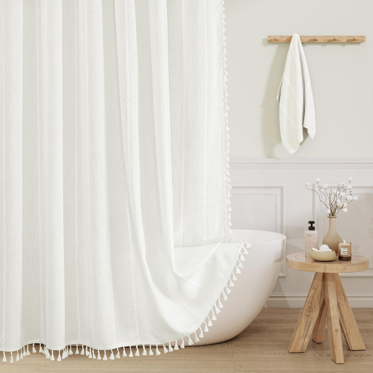 MitoVilla front view of ivory curtain showcasing full 72x72 coverage and styling benefit