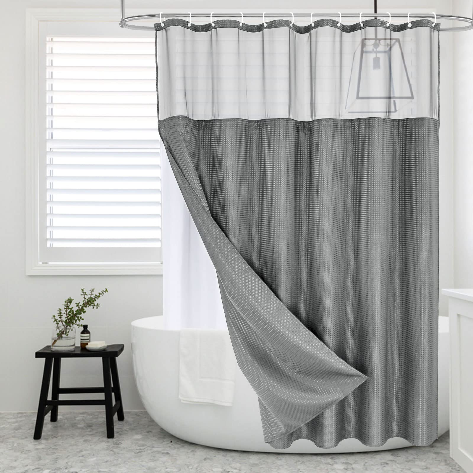 MitoVilla front view of light grey curtain showcasing elegant finish and bathroom upgrade