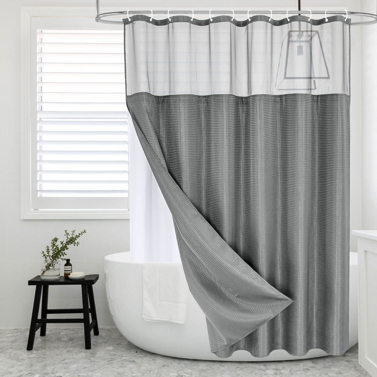 MitoVilla front view of light grey curtain showcasing elegant finish and bathroom upgrade