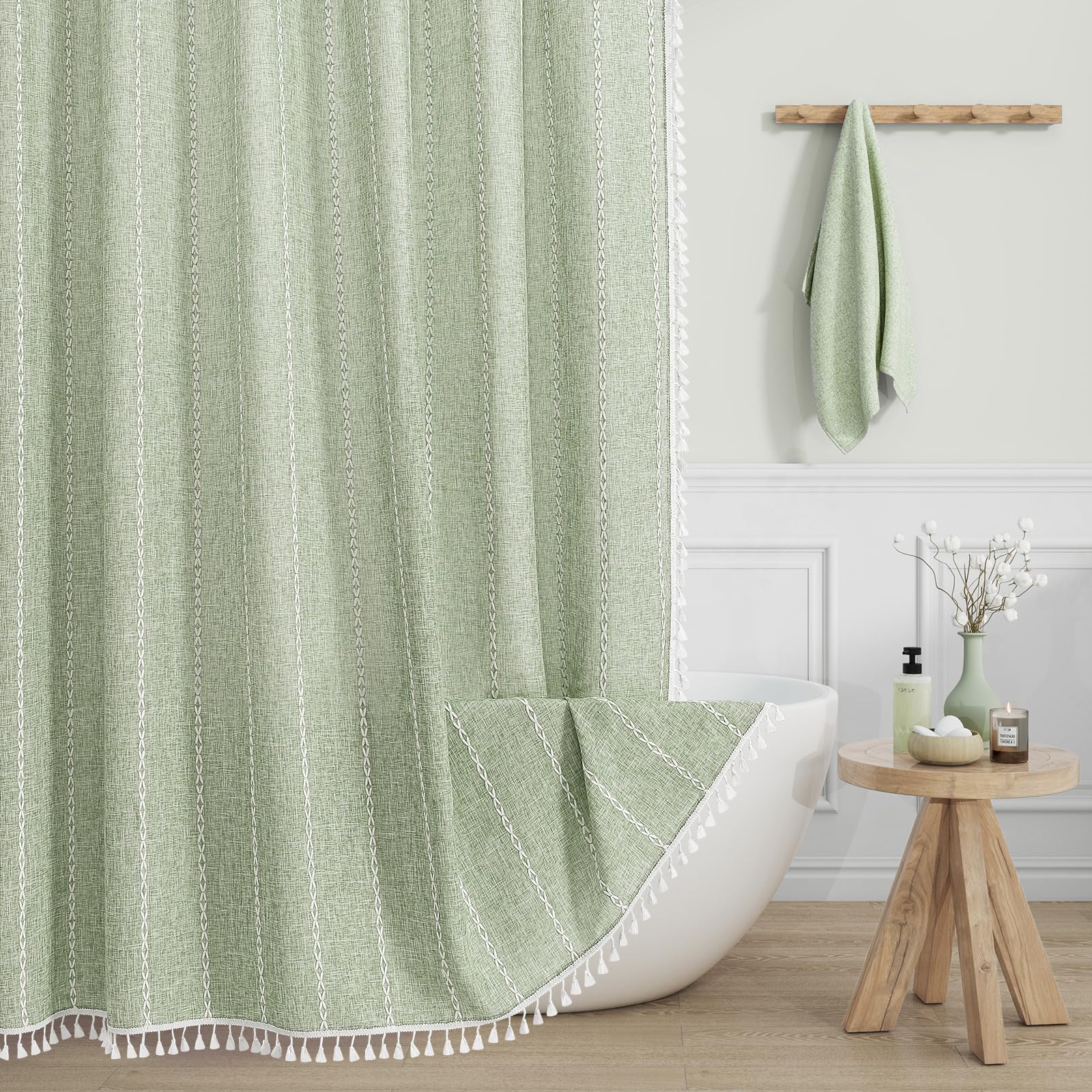 MitoVilla front view showing boho tassel shower curtain enhancing bathroom style