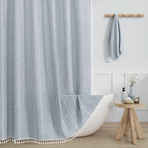 MitoVilla front view showing embroidered blue stripes and farmhouse style benefit: instant bathroom update