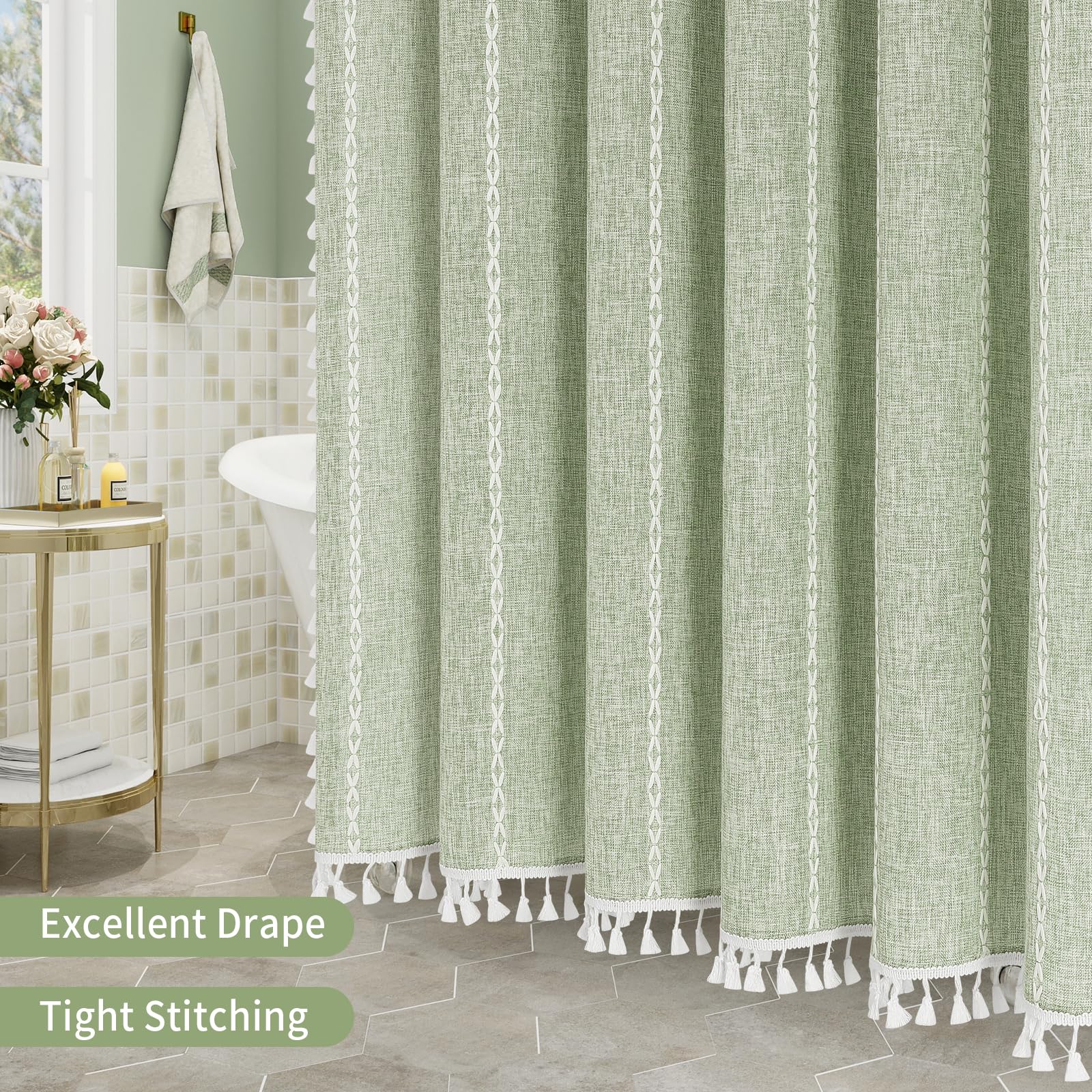 MitoVilla styled bathroom scene showing curtain creating a calm retreat vibe