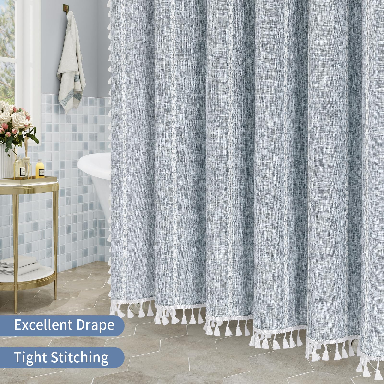 MitoVilla next to a tub to show 72x72 scale and easy fit for standard showers