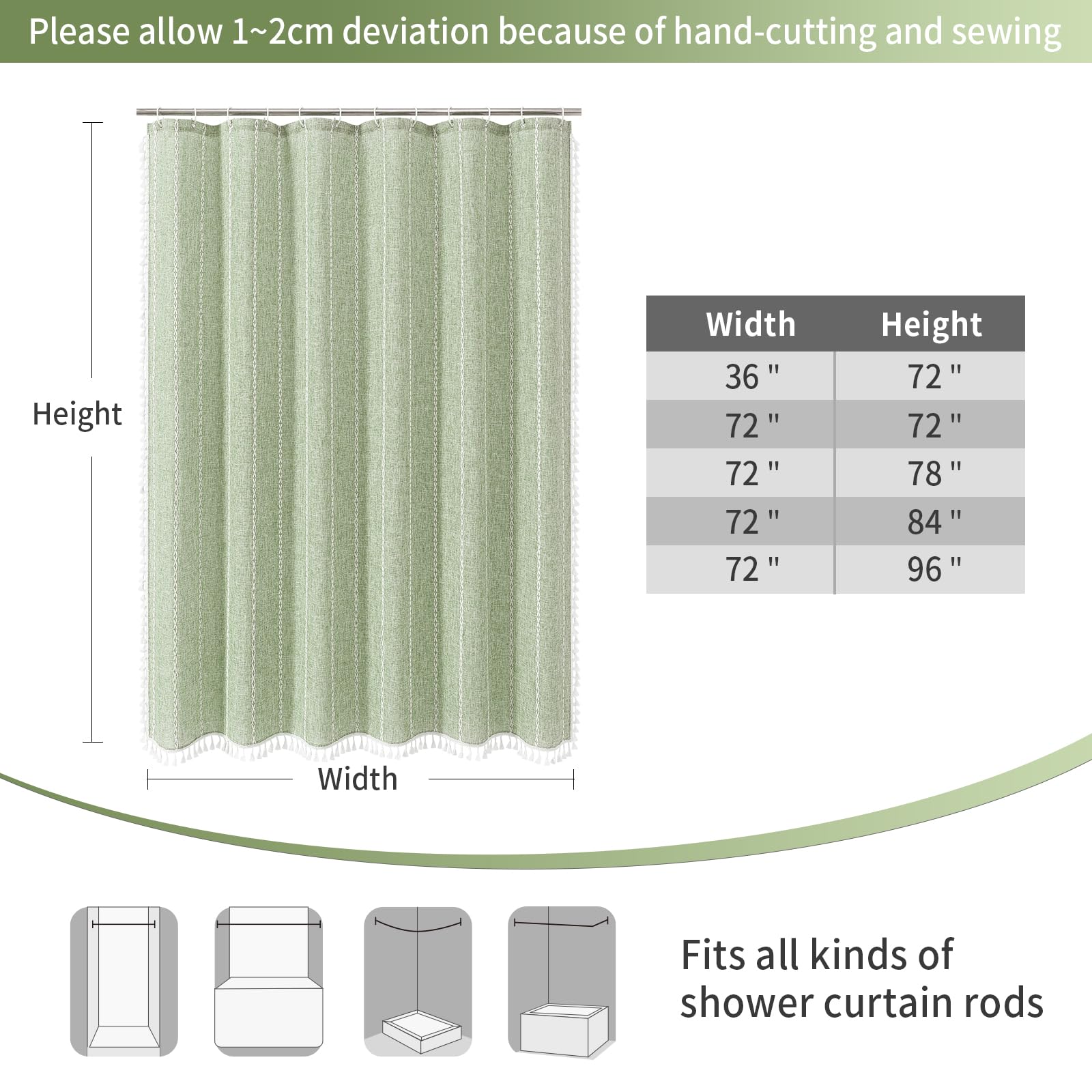 MitoVilla curtain size comparison next to tub demonstrating full 72x72 fit