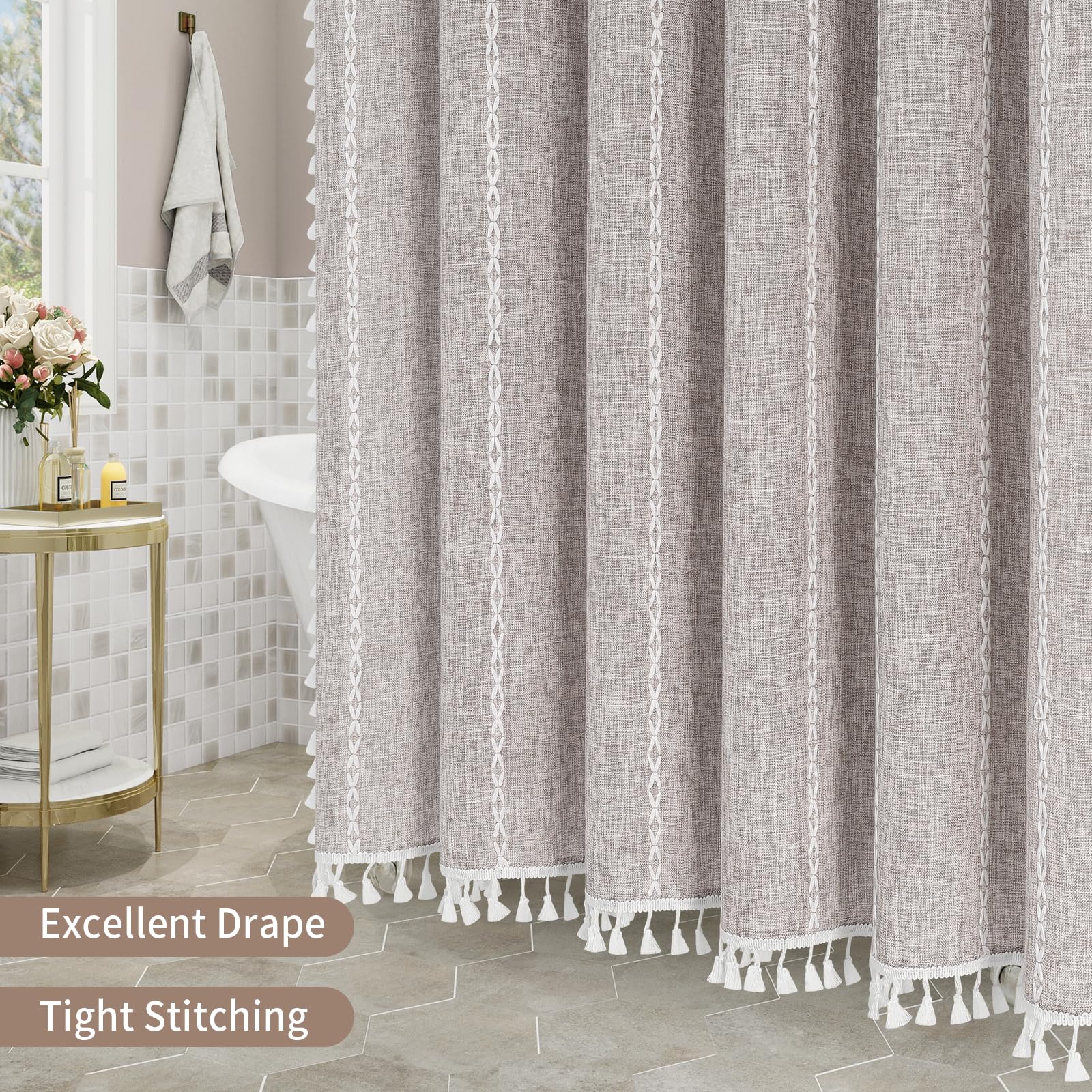MitoVilla fabric with water droplets illustrating water-repellent finish and easy maintenance
