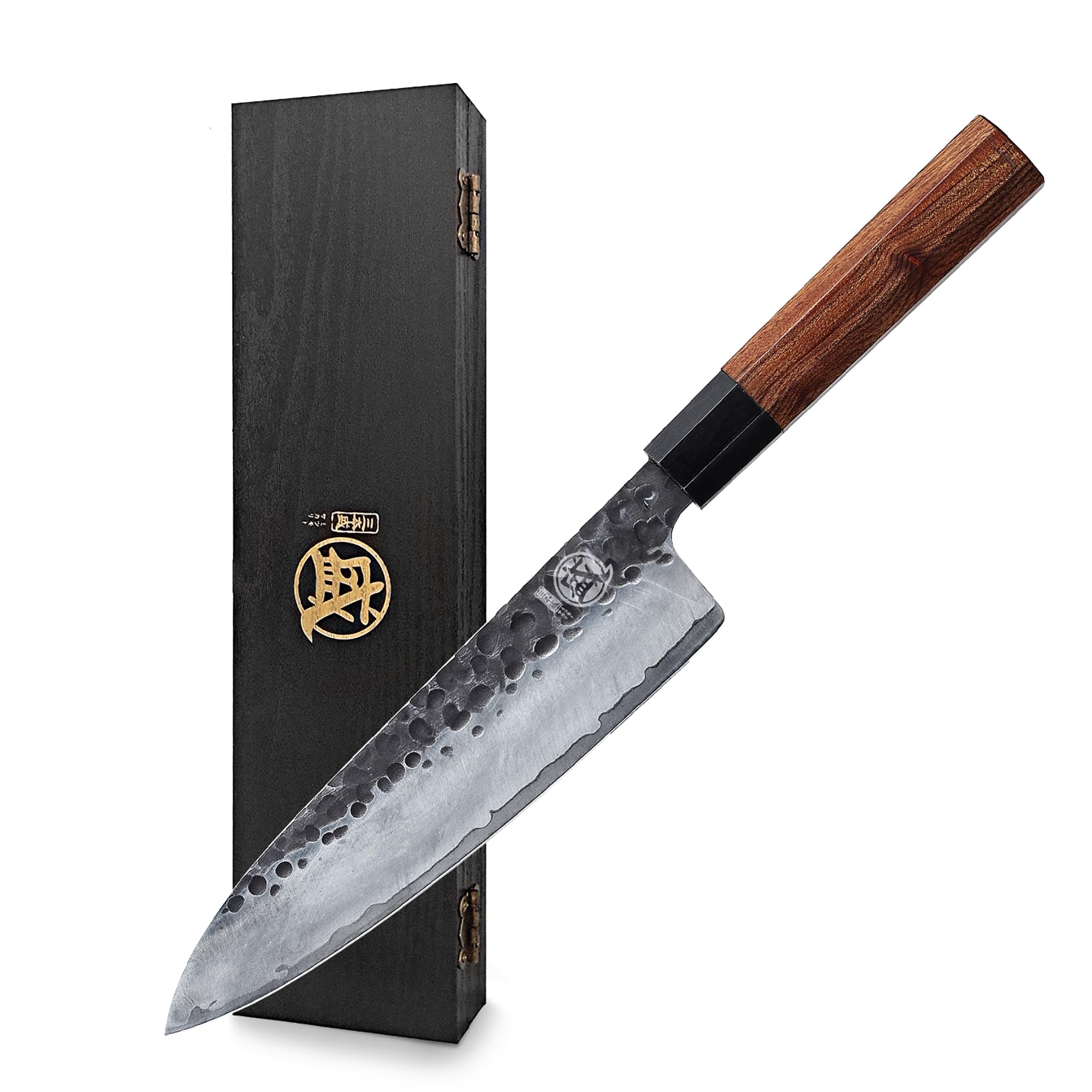 MITSUMOTO SAKARI front profile showing full 8-inch Gyuto blade and balance benefit