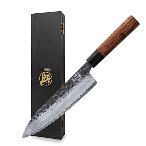 MITSUMOTO SAKARI front profile showing full 8-inch Gyuto blade and balance benefit