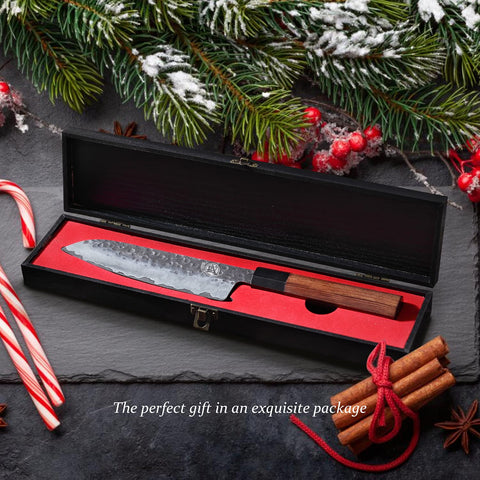 MITSUMOTO SAKARI Santoku beside ruler showing 7-inch scale for size clarity